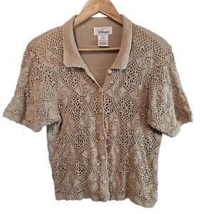 Vintage Worthington Cardigan Womens Large Beige Crochet Knit Cottagecore 90s Y2K